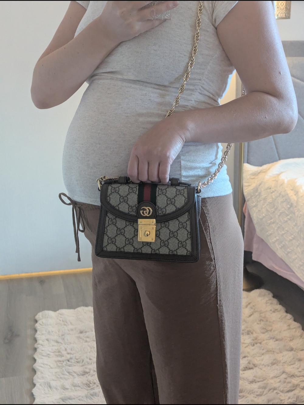Gucci GG Ophidia Top Handle Mini Chain Shoulder Bag in Beige/Green/Red - Picture 9 of 16